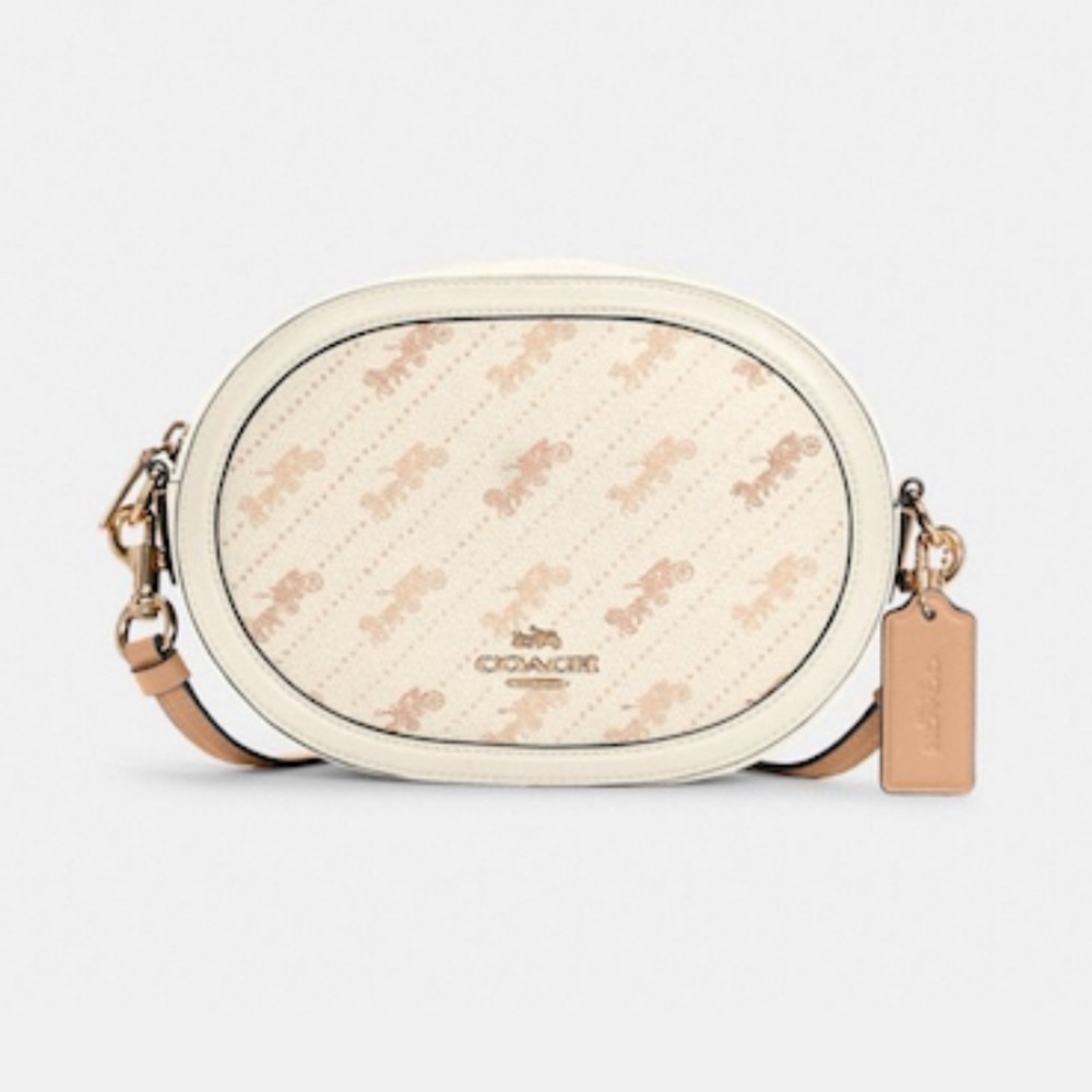 Coach Camera Bag Horse and Carriage Dot Print Crossbody Cream and Gold NWT